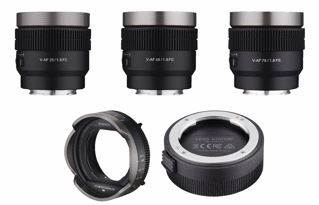 35, 45, 75mm T1.9 Full Frame Cine Auto Focus Lens Bundle with Pro Controller and Lens Station for Sony E - Rokinon